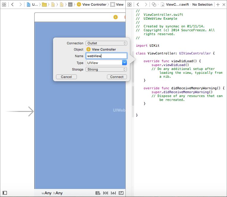 UIWebView example using swift in ios - Source Freeze