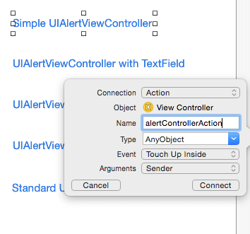 adding ibaction for uialertviewcontroller